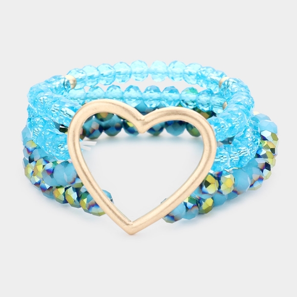 Blue Beads Stretch MultiLayered Heart Gold Bracelet Fashion Statement Jewelry - Picture 1 of 2